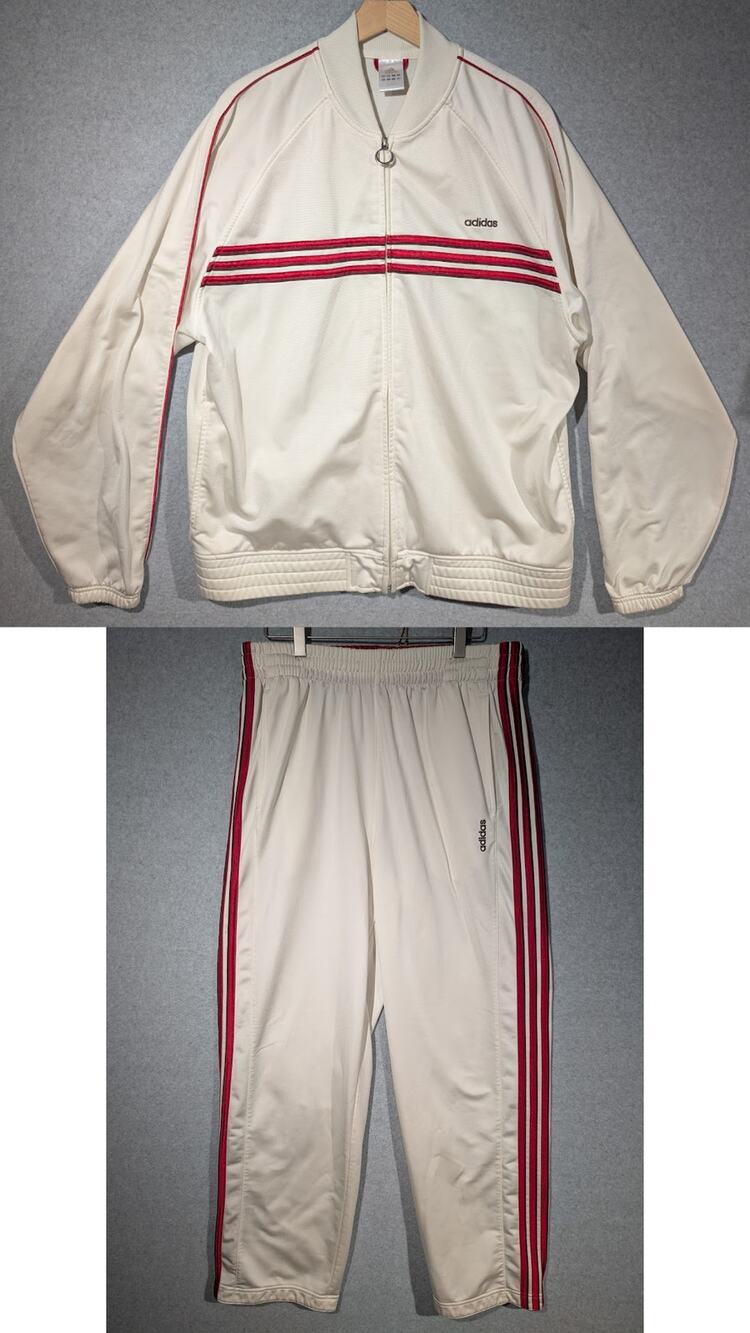 Y2K Adidas Mens 2 Piece Track Suit Cream - Red Stripes Poly Jacket & Pants LARGE